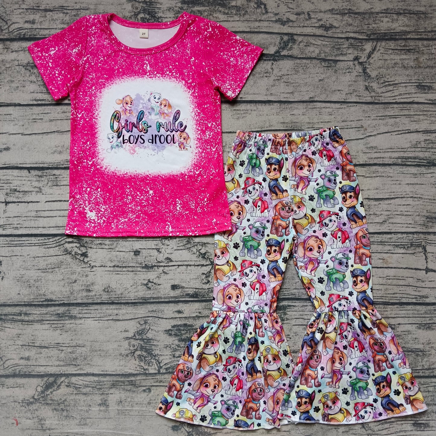 MOQ 5 bleached top dogs pants girls clothing set