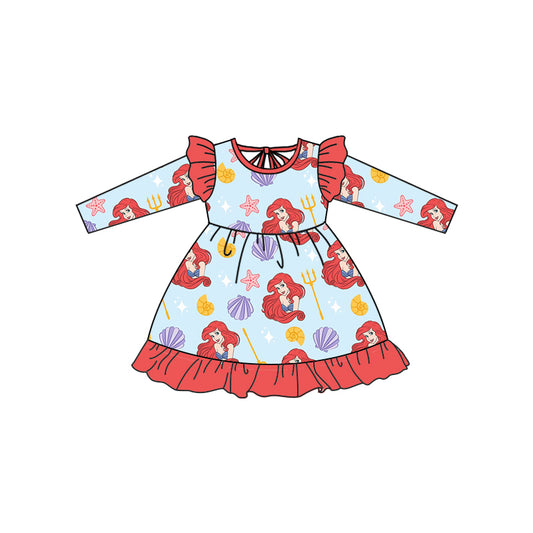 MOQ 5 red long sleeves fish princess girls dresses