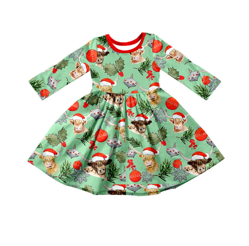 MOQ 5 red highland cow girls twirl Christmas dress