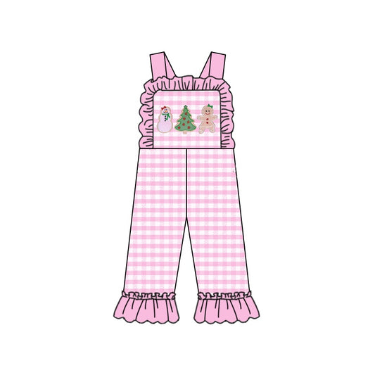 MOQ 5 PCS pink plaid Christmas tree gingerbread baby overalls