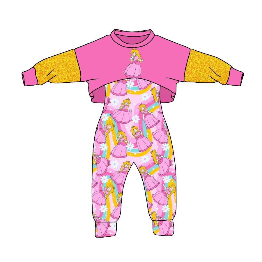 MOQ 5 pink princess jumpsuit top baby girls clothing set