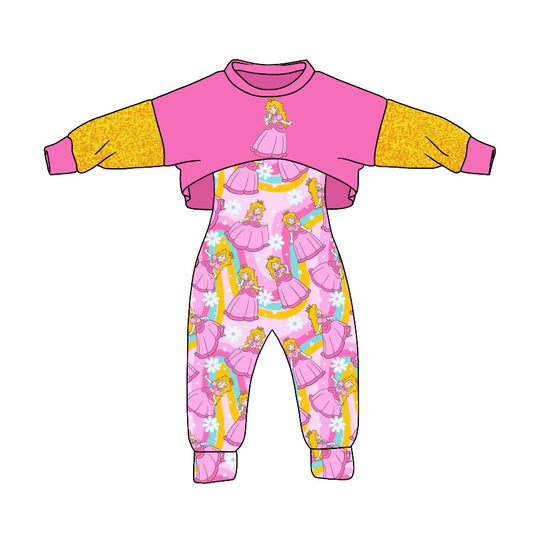 MOQ 5 pink princess jumpsuit top baby girls clothing set