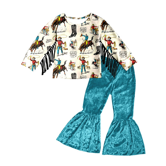 MOQ 5 horse rodeo tassels shirt velvet pants girls outfits