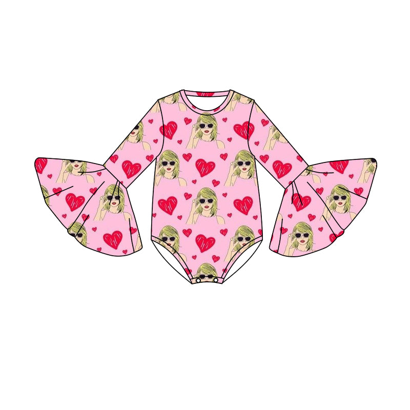 MOQ 3 pcs long sleeves heart pink ears singer baby girls romper