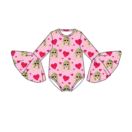 MOQ 3 pcs long sleeves heart pink ears singer baby girls romper