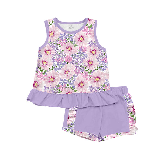 Sleeveless lavender floral top shorts girls summer clothes