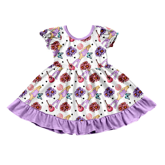 MOQ 3 pcs short sleeves guitar floral singer girls dress