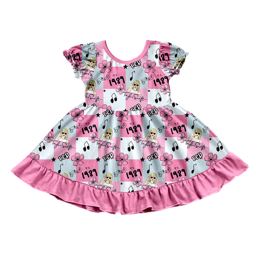 MOQ 3 short sleeves pink plaid flower singer girls dress