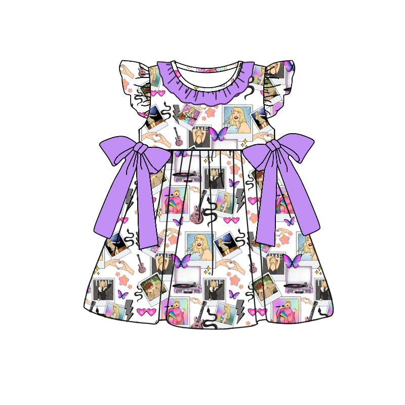MOQ 3 Flutter sleeves lavender butterfly singer girls dress