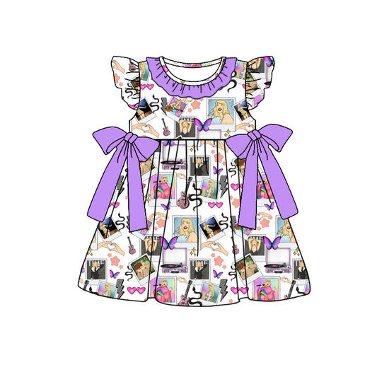 MOQ 3 Flutter sleeves lavender butterfly singer girls dress