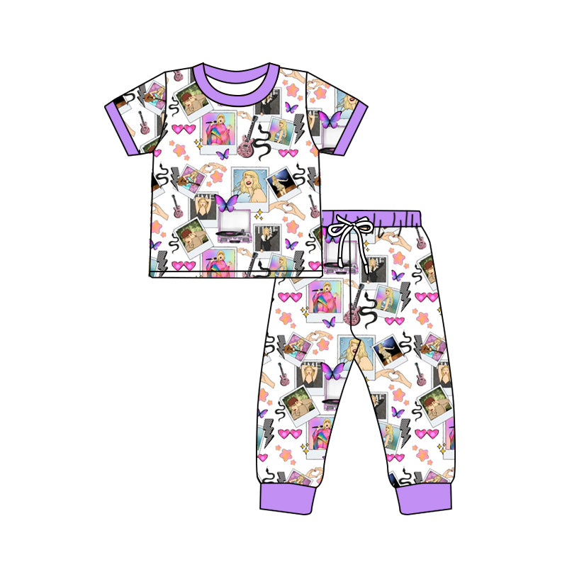MOQ 3 short sleeves lavender butterfly singer girls pajamas