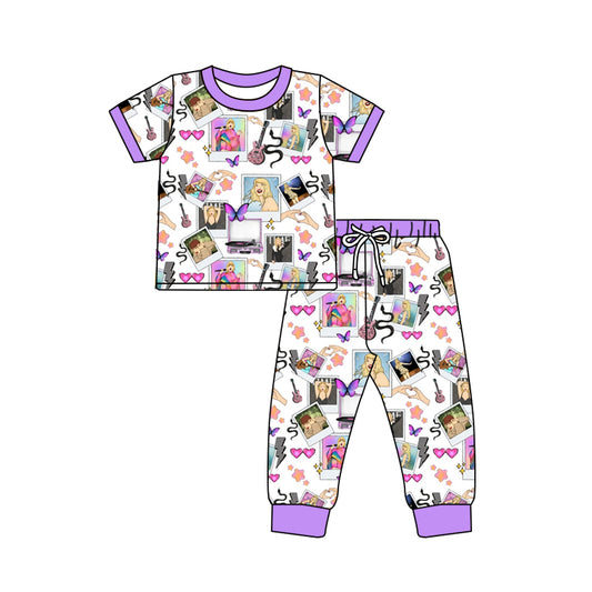 MOQ 3 short sleeves lavender butterfly singer girls pajamas