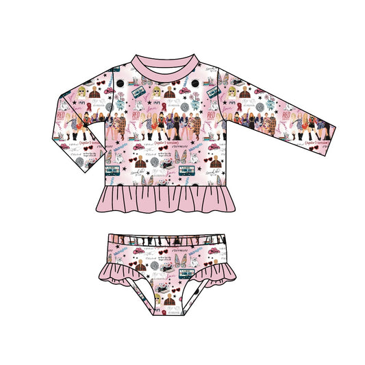 MOQ  3 long sleeves pink ruffle butterfly singer girls swimsuit
