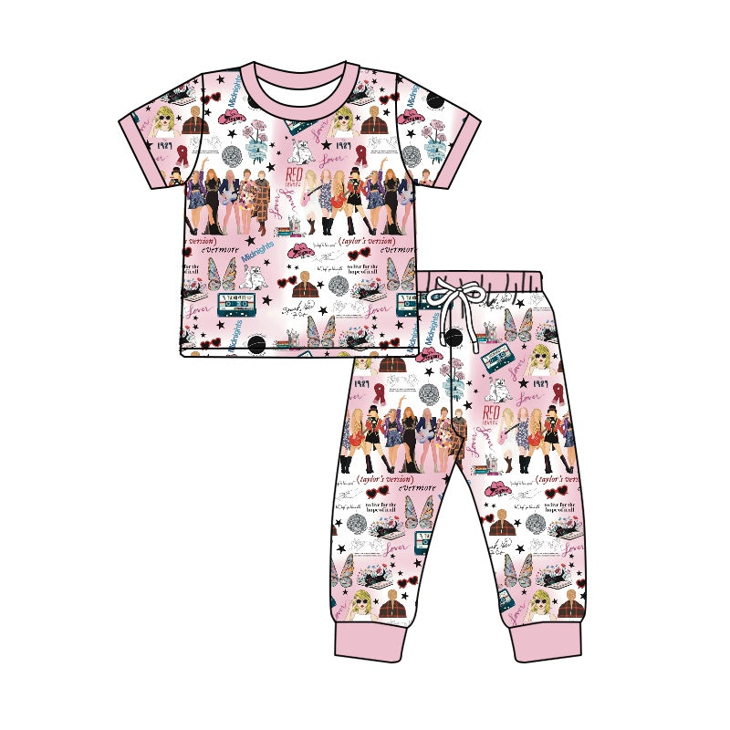 MOQ 3 short sleeves pink hat butterfly singer girls pajamas