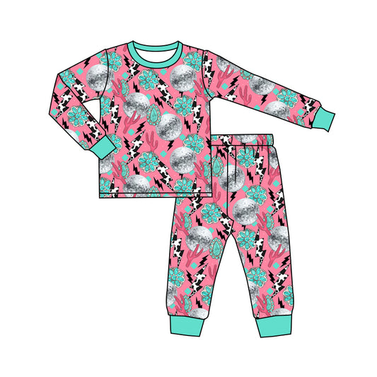 MOQ 3 long sleeves turquoise cactus girls western pajamas