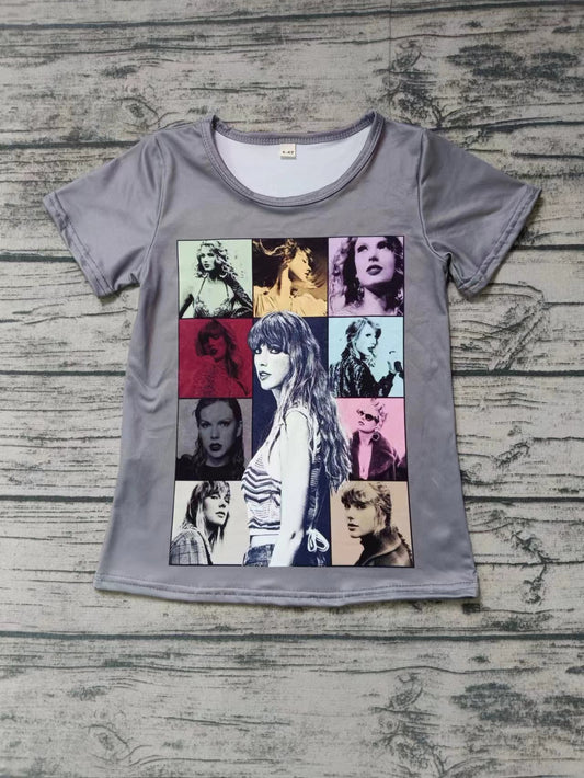 MOQ 3 Grey short sleeves patchwork singer girls shirt