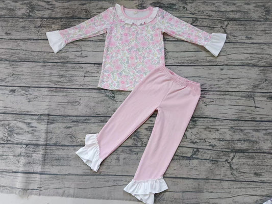 MOQ 3 Long sleeves pink floral top pants girls clothes