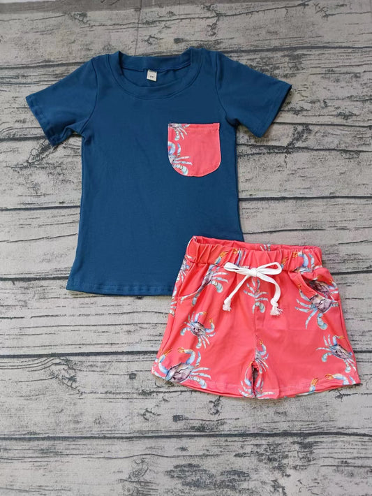 MOQ 3 Blue pocket top crab shorts boys summer outfits