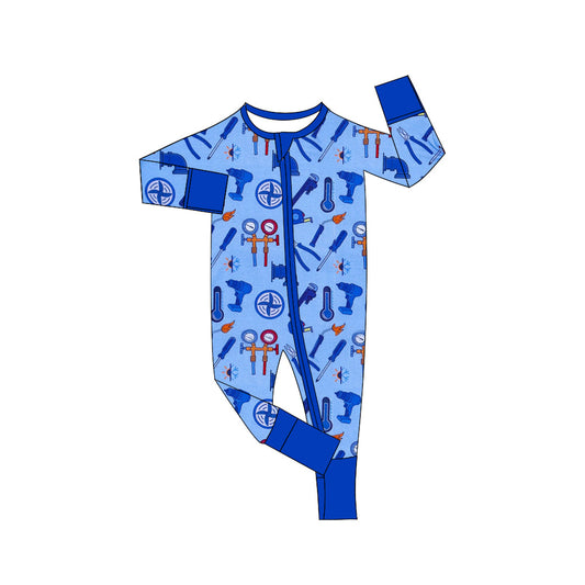 MOQ 3 pcs long sleeves blue tools baby boy zipper romper