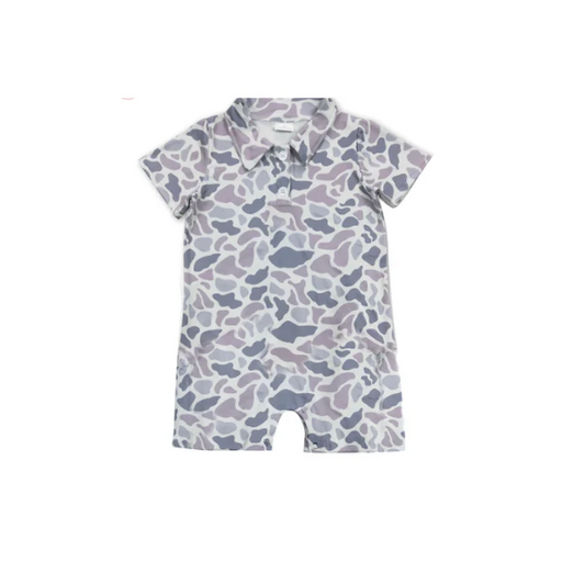 Deadline July 12 grey camo short sleeves baby boy polo romper