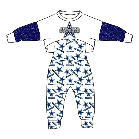 Deadline June 27 cowboy blue white jumpsuit top girls team outfits