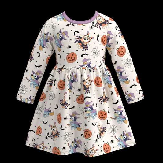 Deadline Aug 5 long sleeves dog bat pumpkin girls Halloween dress