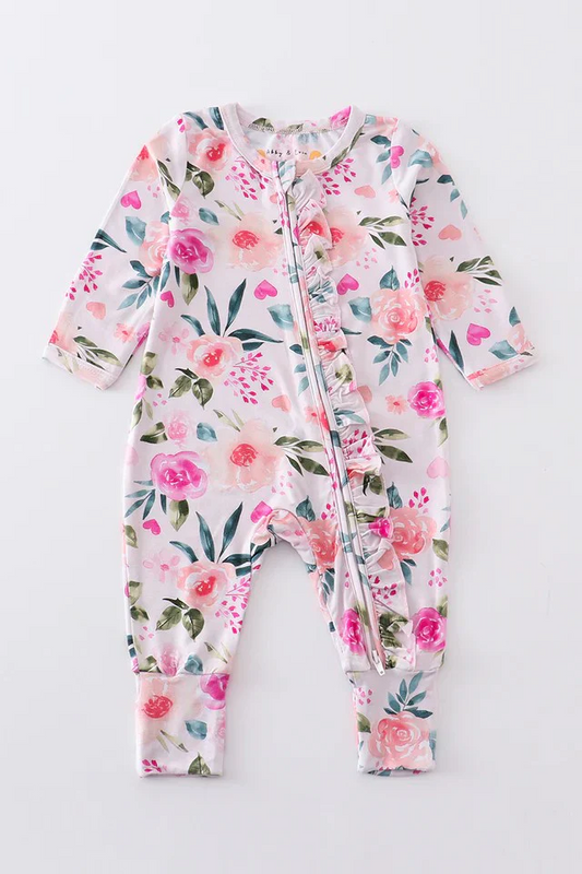 Deadline Aug 6 pink floral long sleeves ruffle girls zipper romper