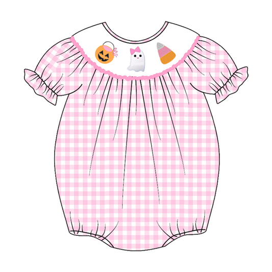 Deadline Aug 11 pink plaid ghost pumpkin baby Halloween romper