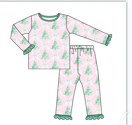 Deadline Aug 17 pink bow Christmas tree bamboo girls pajamas