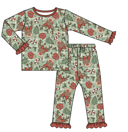 Deadline Aug 17 plaid deer candy cane girls Christmas bamboo pajamas