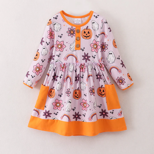 Deadline Aug 22 ghost pumpkin floral pumpkin girls Halloween dress