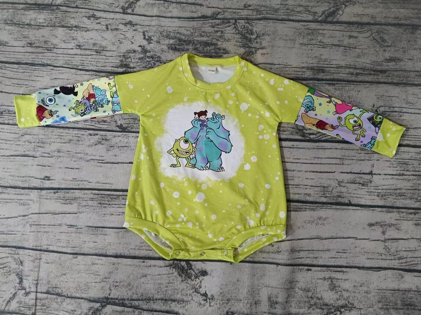 Deadline Aug 22 green long sleeves monster bleached baby romper