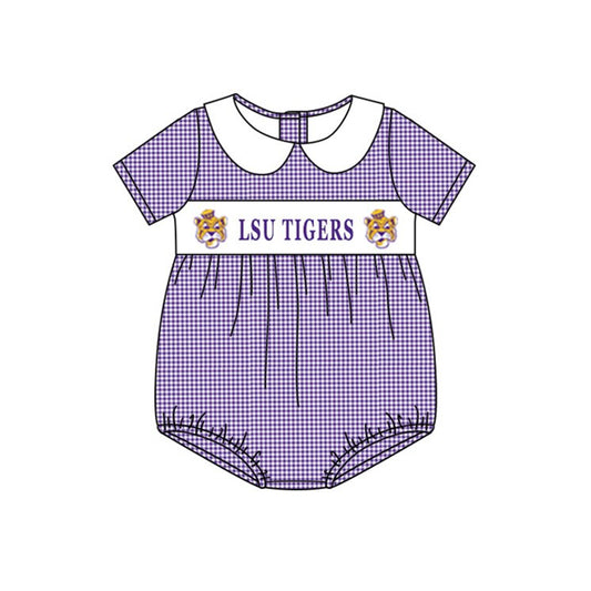 Deadline Aug 30 short sleeves purple plaid tiger baby team romper