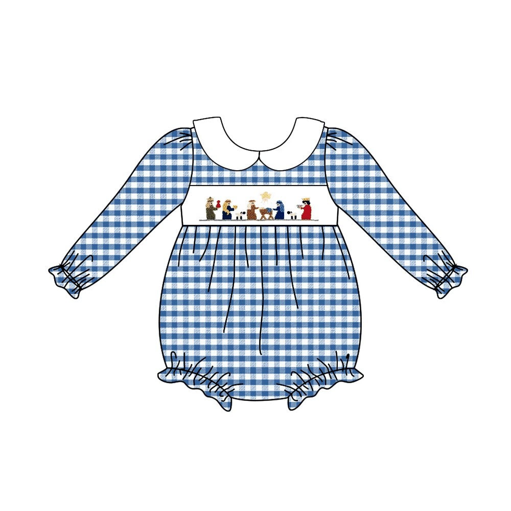 Deadline Sept 7 blue plaid nativity baby girls Christmas romper