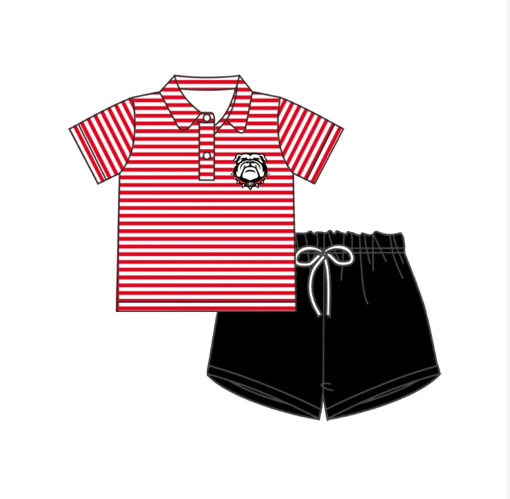 Deadline Sep 17 red stripe dog polo shirt black shorts boys team outfits