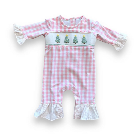 Deadline Sep 20 pink plaid ruffle Christmas tree baby girls romper