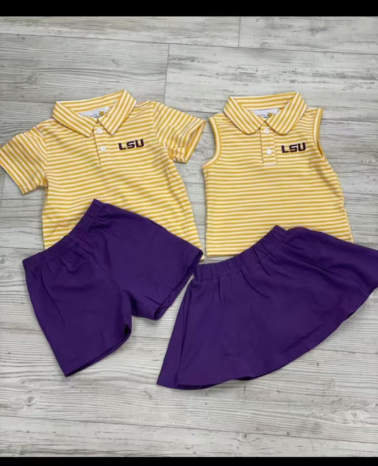 Deadline Sep 21 yellow stripe polo shirt purple skirt girls team set