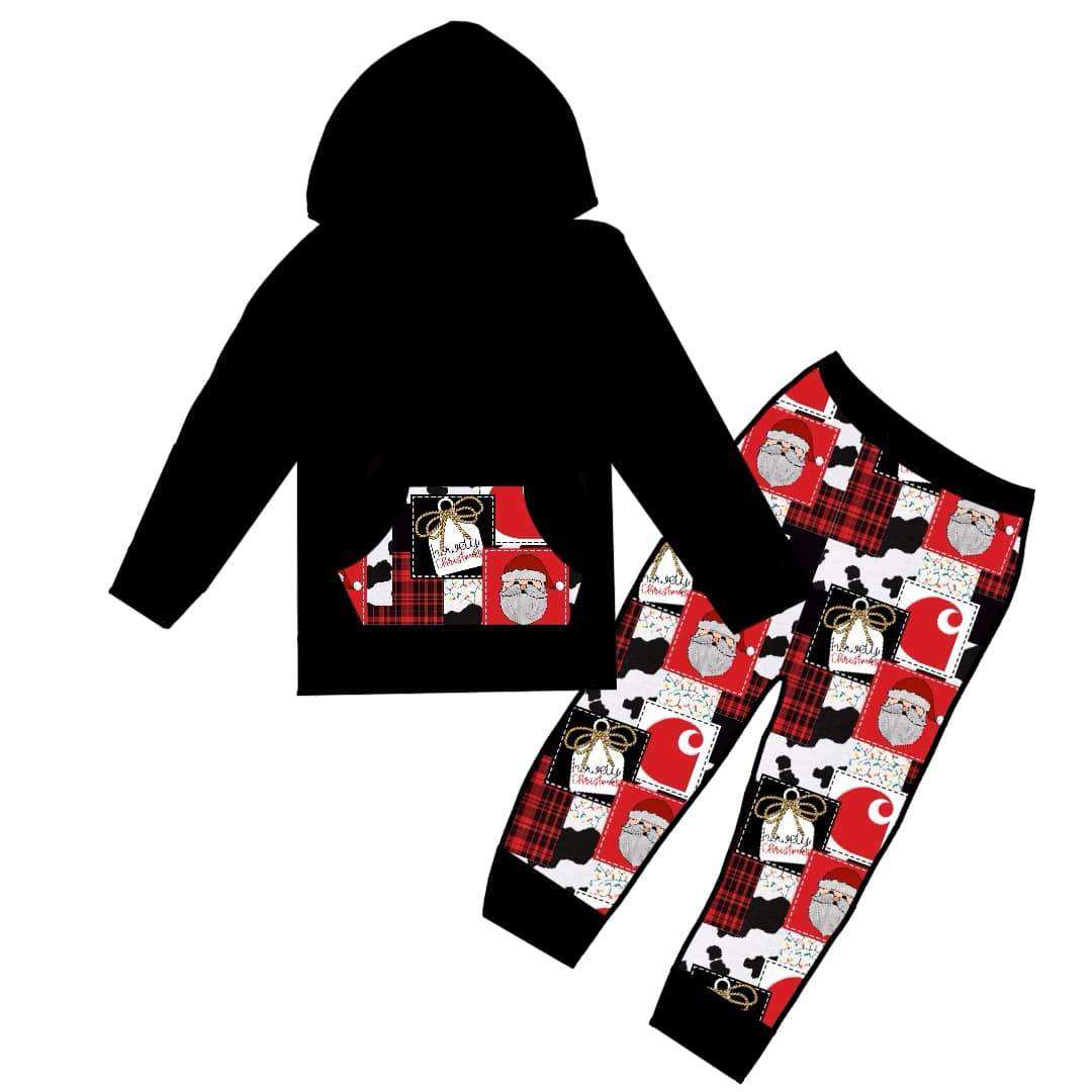 Deadline Oct 15 black pocket top santa patchwork boys Christmas set