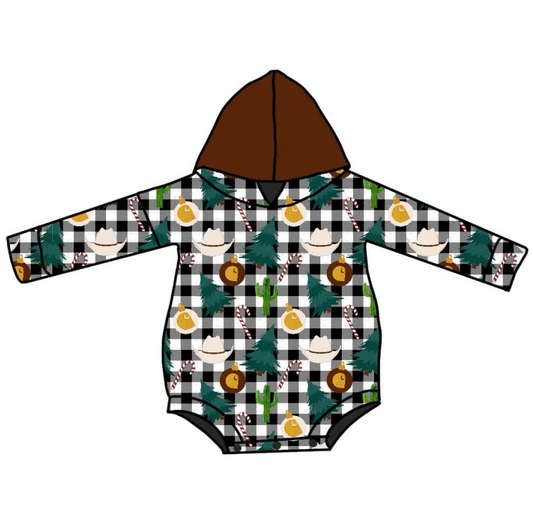 Deadline Oct 15 long sleeves Christmas tree plaid baby hooded romper