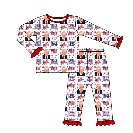 Deadline March 16 red ruffle long sleeves flag girls pajamas