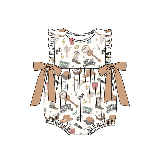 Ruffles khaki bow bull skull western baby girls romper