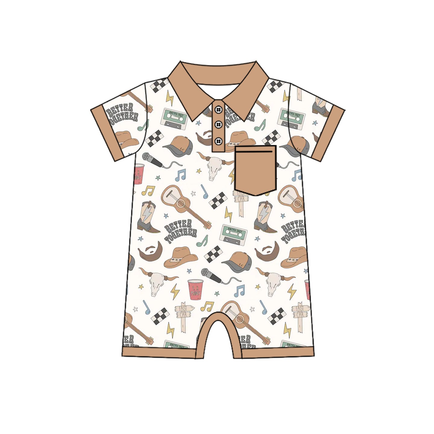 Short sleeves bull skull western baby boys polo romper