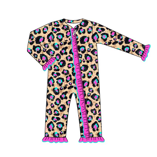 Deadline Feb 1 Hot pink ruffle leopard baby girls zipper romper