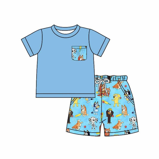 Deadline  Feb 1 Blue short sleeves pocket top dog shorts boys clothes
