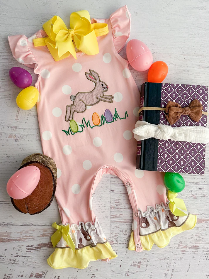 Deadline  Feb 17 flutter sleeves bunny egg baby girls easter romper