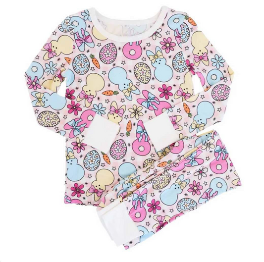 Deadline Feb 18 pink bunny eggs baby girls Easter pajamas