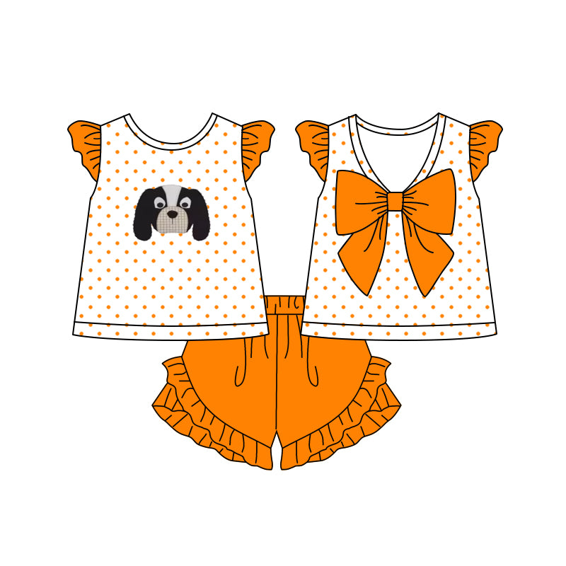 MOQ 3 pcs flutter sleeves dog polka dots bow kids girls team outfits