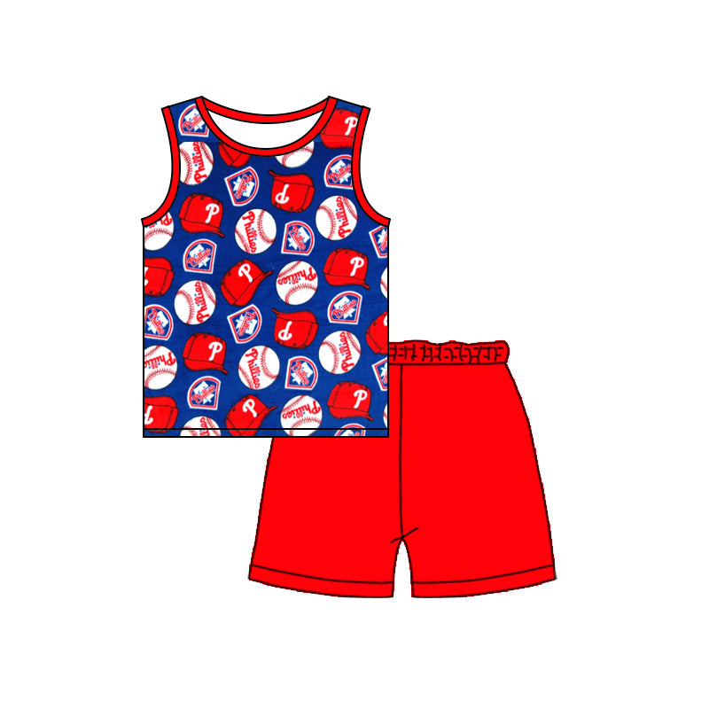MOQ 3 pcs sleeveless baseball P top red shorts boys team clothes