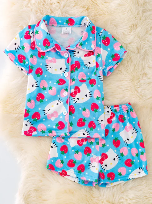 Deadline  Feb 27 blue cat strawberry baby girls button down pajamas