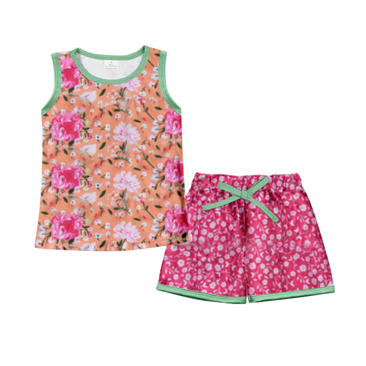 MOQ 3 pcs sleeveless floral top shorts kids girls outfits